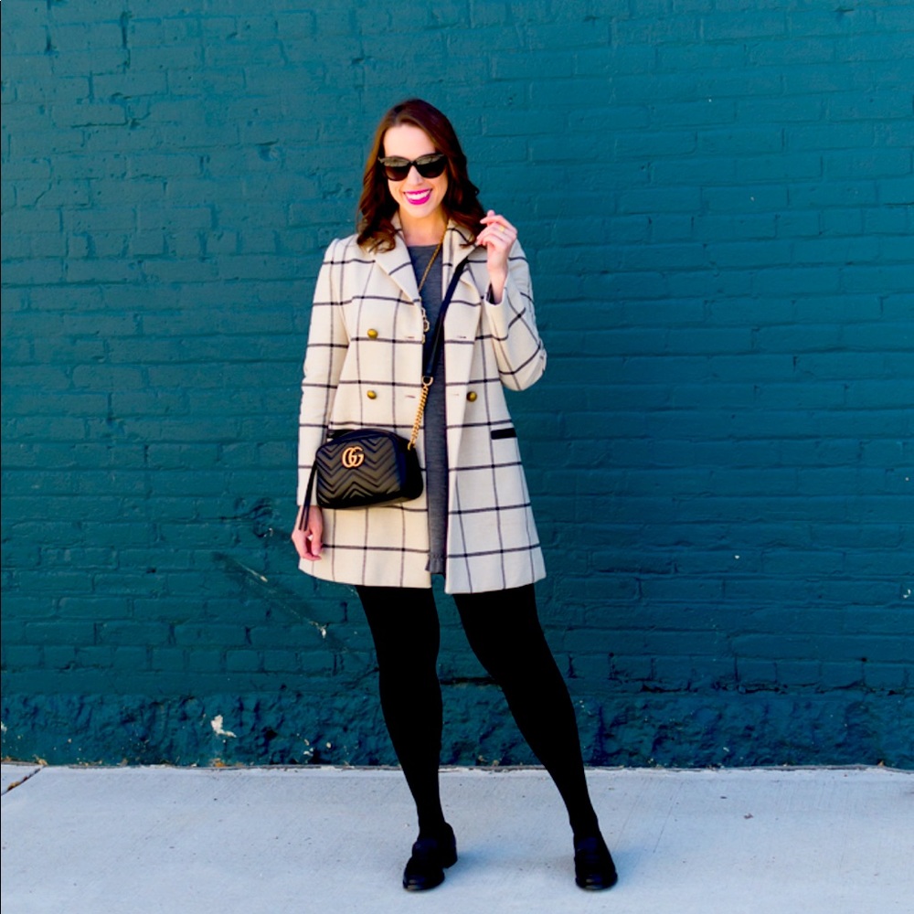 Tory Burch Cream Windowpane Pea Coat with Black Grid
